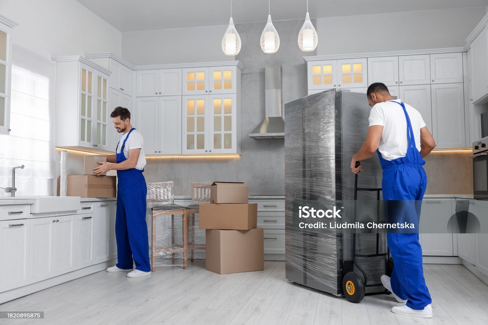 Male movers with cardboard boxes and refrigerator in new house